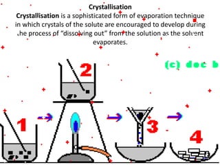 Crystallisation
Crystallisation is a sophisticated form of evaporation technique
in which crystals of the solute are encouraged to develop during
the process of “dissolving out” from the solution as the solvent
evaporates.
6/26/2015
 