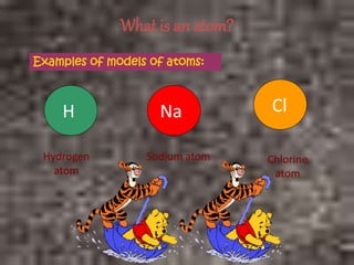 What is an atom?
Examples of models of atoms:
H Na Cl
Hydrogen
atom
Sodium atom Chlorine
atom
 