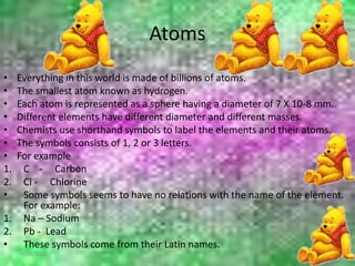 Atoms
• Everything in this world is made of billions of atoms.
• The smallest atom known as hydrogen.
• Each atom is represented as a sphere having a diameter of 7 X 10-8 mm.
• Different elements have different diameter and different masses.
• Chemists use shorthand symbols to label the elements and their atoms.
• The symbols consists of 1, 2 or 3 letters.
• For example
1. C - Carbon
2. Cl - Chlorine
• Some symbols seems to have no relations with the name of the element.
For example:
1. Na – Sodium
2. Pb - Lead
• These symbols come from their Latin names.
6/26/2015
 