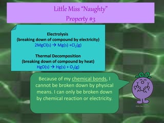 Little Miss “Naughty”
Property #3
Because of my chemical bonds, I
cannot be broken down by physical
means. I can only be broken down
by chemical reaction or electricity.
Electrolysis
(breaking down of compound by electricity)
2MgCl(s)  Mg(s) +Cl2(g)
Thermal Decomposition
(breaking down of compound by heat)
HgO(s)  Hg(s) + O2(g)
 