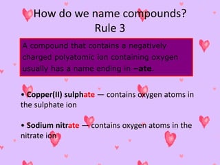 How do we name compounds?
Rule 3
A compound that contains a negatively
charged polyatomic ion containing oxygen
usually has a name ending in –ate.
• Copper(II) sulphate — contains oxygen atoms in
the sulphate ion
• Sodium nitrate — contains oxygen atoms in the
nitrate ion
 