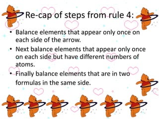 Re-cap of steps from rule 4:
• Balance elements that appear only once on
each side of the arrow.
• Next balance elements that appear only once
on each side but have different numbers of
atoms.
• Finally balance elements that are in two
formulas in the same side.
 