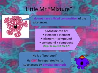 Little Mr “Mixture”
I do not have a fixed composition of the
substances.
A Mixture can be:
• element + element
• element + compound
• compound + compound
(Refer to page 59, Fig 4.7)
He is a “boo-boo!”
He can be separated to its
substances by physical methods
 