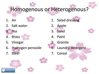 Homogenous or Heterogenous?
1. Air
2. Salt water
3. Tea
4. Brass
5. Vinegar
6. Hydrogen peroxide
7. Steel
1. Salad dressing
2. Apple
3. Sand
4. Paint
5. Granite
6. Laundry detergent
7. Cereal
 