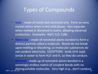 Types of Compounds
• Ionic: made of metal and nonmetal ions. Form an ionic
crystal lattice when in the solid phase. Ions separate
when melted or dissolved in water, allowing electrical
conduction. Examples: NaCl, K2O, CaBr2
• Molecular: made of nonmetal atoms bonded to form a
distinct particle called a molecule. Bonds do not break
upon melting or dissolving, so molecular substances do
not conduct electricity. EXCEPTION: Acids [H+A- (aq)]
ionize in water to form H3O+ and A-, so they do conduct.
• Network: made up of nonmetal atoms bonded in a
seemingly endless matrix of covalent bonds with no
distinguishable molecules. Very high m.p., don’t conduct.
15
2013 ‫منگل , 22 , اکتوبر‬

 