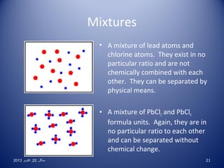 Mixtures
• A mixture of lead atoms and
chlorine atoms. They exist in no
particular ratio and are not
chemically combined with each
other. They can be separated by
physical means.
• A mixture of PbCl2 and PbCl4
formula units. Again, they are in
no particular ratio to each other
and can be separated without
chemical change.
2013 ‫منگل , 22 , اکتوبر‬

21

 