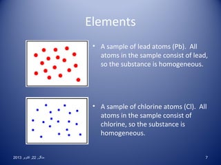 Elements
• A sample of lead atoms (Pb). All
atoms in the sample consist of lead,
so the substance is homogeneous.

• A sample of chlorine atoms (Cl). All
atoms in the sample consist of
chlorine, so the substance is
homogeneous.
2013 ‫منگل , 22 , اکتوبر‬

7

 