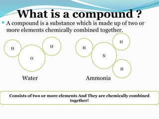 What is a compound ?
 A compound is a substance which is made up of two or
more elements chemically combined together.
Water Ammonia
Consists of two or more elements And They are chemically combined
together!
H
O
H H
N
H
H
 