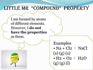 Little Mr “Compound” Property
I am formed by atoms
of different elements.
However, I do not
have the properties
as them.
Examples
• Na + Cl2  NaCl
(s) (g) (s)
• H2 + O2  H2O
(g) (g) (l)
 