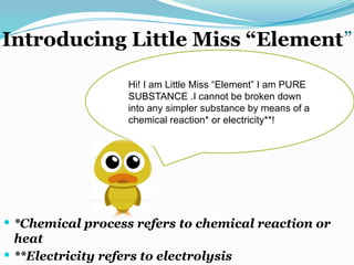 Introducing Little Miss “Element”
 *Chemical process refers to chemical reaction or
heat
 **Electricity refers to electrolysis
Hi! I am Little Miss “Element” I am PURE
SUBSTANCE .I cannot be broken down
into any simpler substance by means of a
chemical reaction* or electricity**!
 