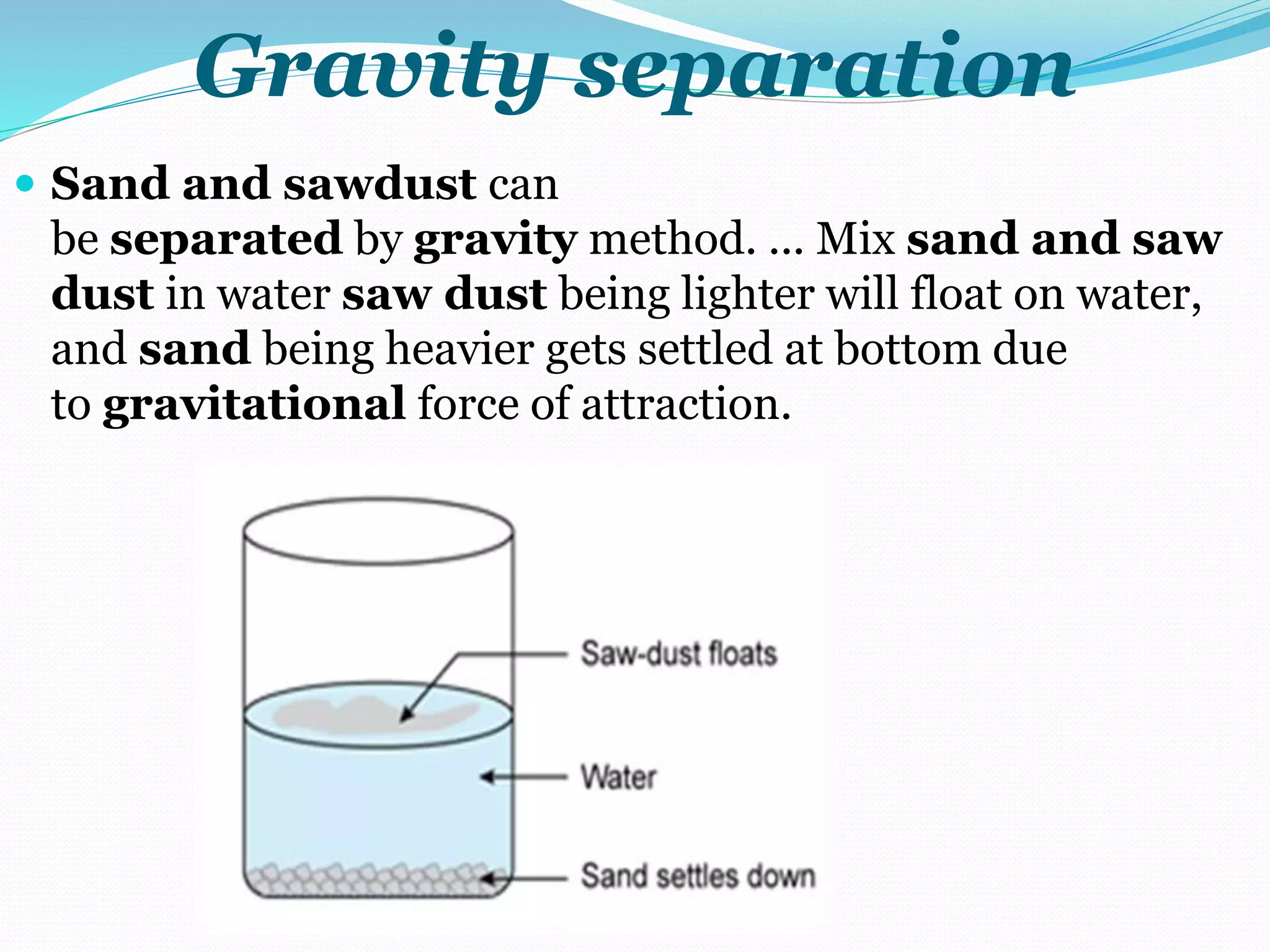 Gravity separation
 Sand and sawdust can
be separated by gravity method. ... Mix sand and saw
dust in water saw dust being lighter will float on water,
and sand being heavier gets settled at bottom due
to gravitational force of attraction.
 