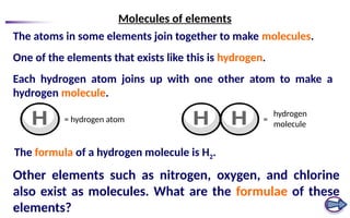 The atoms in some elements join together to make molecules.
Molecules of elements
One of the elements that exists like this is hydrogen.
Each hydrogen atom joins up with one other atom to make a
hydrogen molecule.
The formula of a hydrogen molecule is H2.
Other elements such as nitrogen, oxygen, and chlorine
also exist as molecules. What are the formulae of these
elements?
= hydrogen atom
hydrogen
molecule
=
 