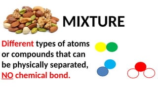 MIXTURE
Different types of atoms
or compounds that can
be physically separated,
NO chemical bond.
 