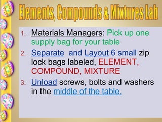 1. Materials Managers: Pick up one
supply bag for your table
2. Separate and Layout 6 small zip
lock bags labeled, ELEMENT,
COMPOUND, MIXTURE
3. Unload screws, bolts and washers
in the middle of the table.
 