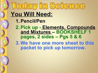 You Will Need:
1. Pencil/Pen
2. Pick up - Elements, Compounds
and Mixtures – BOOKSHELF 1
pages, 2 sides – Pgs 5 & 6
3. We have one more sheet to this
packet to pick up tomorrow.
 