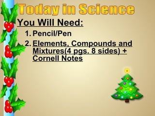 You Will Need:
1. Pencil/Pen
2. Elements, Compounds and
Mixtures(4 pgs. 8 sides) +
Cornell Notes

 