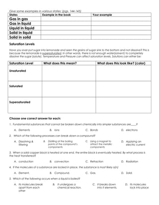 Give some examples in various states: (pgs. 144-145)
States                Example in the book                           Your example
Gas in gas
Gas in liquid
Liquid in liquid
Solid in liquid
Solid in solid
Saturation Levels
Have you ever put sugar into lemonade and seen the grains of sugar sink to the bottom and not dissolve? This is
because the lemonade is supersaturated. In other words, there is not enough water(solvent) to completely
dissolve the sugar (solute). Temperature and Pressure can affect saturation levels. Solutions can either be:

Saturation Level            What does this mean?                        What does this look like? (color)

Unsaturated




Saturated




Supersaturated




Choose one correct answer for each:

1. Fundamental substances that cannot be broken down chemically into simpler substances are____?

   A. Elements                    B. Ions                     C. Bonds                      D. electrons

2. Which of the following processes can break down a compound?

   A. Dissolving &          B.   Distilling at the boiling    C. Using a magnet to          D. Applying an
      filtering                  points of the compound’s        attract the metallic          electric current
                                 components                      components

3. When a solid copper block is heated at one end, the entire block is eventually heated. By what process is
the heat transferred?

   A. conduction                  B. convection               C. Refraction                 D. Radiation

4. If the molecules of a substance are locked in place, the substance is most likely a(n)

   A. Element.                    B. Compound.                C. Gas.                       D. Solid.

5. Which of the following occurs when a liquid is boiled?

   A. Its molecules break            B. It undergoes a              C. It breaks down          D. Its molecules
      apart from each                   chemical reaction.             into it elements.          lock into place
      other
 