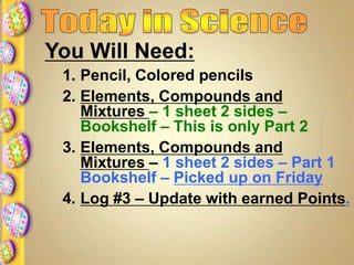 You Will Need:
1. Pencil, Colored pencils
2. Elements, Compounds and
Mixtures – 1 sheet 2 sides –
Bookshelf – This is only Part 2
3. Elements, Compounds and
Mixtures – 1 sheet 2 sides – Part 1
Bookshelf – Picked up on Friday
4. Log #3 – Update with earned Points.
 