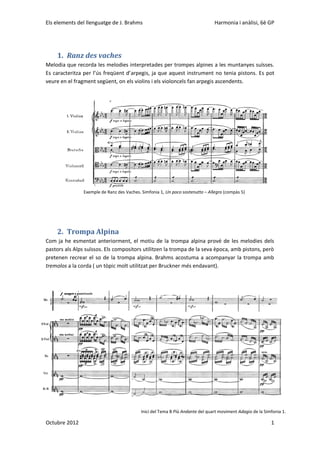 Els elements del llenguatge de J. Brahms                                        Harmonia i anàlisi, 6è GP




    1. Ranz des vaches
Melodia que recorda les melodies interpretades per trompes alpines a les muntanyes suïsses.
Es caracteritza per l’ús freqüent d’arpegis, ja que aquest instrument no tenia pistons. Es pot
veure en el fragment següent, on els violins i els violoncels fan arpegis ascendents.




                Exemple de Ranz des Vaches. Simfonia 1, Un poco sostenutto – Allegro (compàs 5)




    2. Trompa Alpina
Com ja he esmentat anteriorment, el motiu de la trompa alpina prové de les melodies dels
pastors als Alps suïssos. Els compositors utilitzen la trompa de la seva època, amb pistons, però
pretenen recrear el so de la trompa alpina. Brahms acostuma a acompanyar la trompa amb
tremolos a la corda ( un tòpic molt utilitzat per Bruckner més endavant).




                                            Inici del Tema B Più Andante del quart moviment Adagio de la Simfonia 1.

Octubre 2012                                                                                                1
 