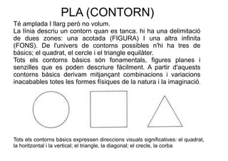 PLA (CONTORN) 
Té amplada I llarg però no volum. 
La línia descriu un contorn quan es tanca. hi ha una delimitació 
de due...