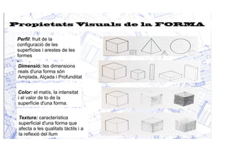 Propietats Visuals de la FORMA 
Perfil: fruit de la 
configuració de les 
superfícies i arestes de les 
formes 
Dimensió: ...