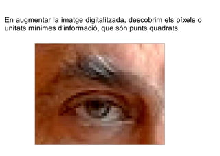 En augmentar la imatge digitalitzada, descobrim els píxels o 
unitats mínimes d'informació, que són punts quadrats. 
 