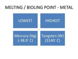 MELTING / BIOLING POINT - METAL
LOWEST HIGHEST
Mercury (Hg)
(-38.9◦ C)
Tungsten (W)
(3140◦ C)
◦
 
