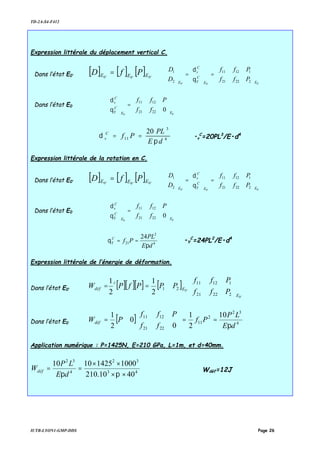 TD-2A-S4-F412
IUTB-LYON1-GMP-DDS Page 26
Expression littérale du déplacement vertical C.
Dans l’état E0’
[ ] [ ] [ ] '0'0'0 EEE PfD =
'0'0'0
2
1
2221
1211
2
1
EE
C
Y
C
v
E
P
P
ff
ff
D
D












=





=





θ
δ
Dans l’état E0
00
02221
1211
EE
C
Y
C
v
P
ff
ff












=





θ
δ
4
3
11
20
dE
PL
PfC
v
π
δ == •v
C
=20PL3
/E•d4
Expression littérale de la rotation en C.
Dans l’état E0’
[ ] [ ] [ ] '0'0'0 EEE PfD =
'0'0'0
2
1
2221
1211
2
1
EE
C
Y
C
v
E
P
P
ff
ff
D
D












=





=





θ
δ
Dans l’état E0
00
02221
1211
EE
C
Y
C
v
P
ff
ff












=





θ
δ
4
2
21
24
dE
PL
PfC
Y
π
θ == •Y
C
=24PL2
/E•d4
Expression littérale de l’énergie de déformation.
Dans l’état E0’
[ ][ ][ ] [ ]
'0
'0
2
1
2221
1211
21
2
1
2
1
E
E
t
déf
P
P
ff
ff
PPPfPW 











==
Dans l’état E0
[ ] 4
32
2
11
2221
1211 10
2
1
0
0
2
1
dE
LP
Pf
P
ff
ff
PWdéf
π
==











=
Application numérique : P=1425N, E=210 GPa, L=1m, et d=40mm.
43
32
4
32
4010.210
100014251010
××
××
==
ππdE
LP
Wdéf Wdéf=12J
 