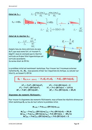 TD-2A-S4-F412
IUTB-LYON1-GMP-DDS Page 35
Calcul de f12 : dx
EI
mm
dx
EI
mm
f
B
C
Y
YY
C
A
Y
YY
∫∫ += 2121
12
)()()()(
( )( )






+××= LLLL
EI
f
Y
22
6
11
12
YEI
L
f
6
5 3
12 =
Calcul de la réaction VB :
Y
Y
EI
L
P
EI
L
f
Pf
P
3
8
6
5
3
1
3
22
121
2 −=−= 12
16
5
PP −=
Compte tenu du choix arbitraire du sens
de P2 que nous avons fait, et trouvant P2
négatif, nous en concluons que la réaction
verticale en B dans l’état hyperstatique est
verticale ascendante.
Sa norme étant de 5P/16.
Le problème initial est maintenant isostatique. Pour trouver les 3 inconnues externes
restantes HA ;VA ;MA , nous pouvons utiliser les 3 équations de statique, ou calculer sur
l’état E0’ en faisant P2=5P/16
HA
0 = P×HA
1-(5P/16)×HA
2 HA
0 = P×0-(5P/16)×0 = 0
VA
0 = P×VA
1-(5P/16)×VA
2 VA
0 = P×1-(5P/16)×1 = 11P/16
MA
0 = P×MA
1-(5P/16)×MA
2 MA
0 = P×L-(5P/16)×2L = 3PL/8
Diagramme des moments fléchissants :
Pour trouver le diagramme des moments fléchissants, nous utilisons les résultats obtenus sur
l’état isostatique E0’ au lieu de tout refaire le problème initial.
MY (E0) = P×mY (E1)-(5P/16)×mY (E2)
MY
A
(E0) = P×mY
A
(E1)-(5P/16)×mY
A
(E2) = P×L-(5P/16)×2L = 3PL/8
MY
C
(E0) = P×mY
C
(E1)-(5P/16)×mY
C
(E2) = P×0-(5P/16)×L = -5PL/16
MY
B
(E0) = P×mY
B
(E1)-(5P/16)×mY
B
(E2) = P×0-(5P/16)×0 = 0
f12 = 1/EIY
L
2L
L
+ + 1/EIYx
L
x0
L
L
+ +
L
L
P
L
B
Z
G x
Y
L
C
A
5P/16
E0 • E0’{ P1=P ; D2=0 } • P1×E1+P2×E2 • P×E1-(5P/16)×E2
 