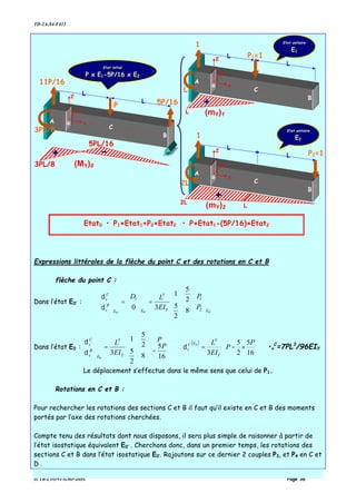 TD-2A-S4-F412
IUTB-LYON1-GMP-DDS Page 36
Expressions littérales de la flèche du point C et des rotations en C et B
flèche du point C :
Dans l’état E0’ :
'0'0'0
2
1
3
1
8
2
5
2
5
1
30 EYEE
B
v
C
v
P
P
EI
LD
















=





=





δ
δ
Dans l’état E0 :








−










=





16
5
8
2
5
2
5
1
3
3
0
P
P
EI
L
YE
B
v
C
v
δ
δ ( )






×−=
16
5
2
5
3
3
0 P
P
EI
L
Y
EC
vδ •v
C
=7PL3
/96EIY
Le déplacement s’effectue dans le même sens que celui de P1.
Rotations en C et B :
Pour rechercher les rotations des sections C et B il faut qu’il existe en C et B des moments
portés par l’axe des rotations cherchées.
Compte tenu des résultats dont nous disposons, il sera plus simple de raisonner à partir de
l’état isostatique équivalent E0’ . Cherchons donc, dans un premier temps, les rotations des
sections C et B dans l’état isostatique E0’. Rajoutons sur ce dernier 2 couples P3, et P4 en C et
D .
P
L
B
Z
G x
Y
L
C
A
P1=1
L
B
Z
G x
Y
L
C
A
L
B
Z
G x
Y
L
C
P2=1
A
Etat unitaire
E1
Etat unitaire
E2
Etat initial
P x E1-5P/16 x E2
1
1
L
2L
11P/16
5P/16
3PL/8
L
+
(mY)1
(mY)2
2L
+
L
3PL/8 (MY)0
5PL/16
+ -
Etat0 • P1×Etat1+P2×Etat2 • P×Etat1-(5P/16)×Etat2
 