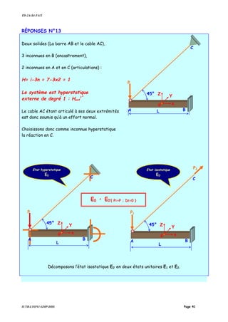 TD-2A-S4-F412
IUTB-LYON1-GMP-DDS Page 41
RÈPONSES N°13
Deux solides (La barre AB et le cable AC),
3 inconnues en B (encastrement),
2 inconnues en A et en C (articulations) :
H= i-3n = 7-3x2 = 1
Le système est hyperstatique
externe de degré 1 : Hext
1°
Le cable AC étant articulé à ses deux extrémités
est donc soumis qu’à un effort normal.
Choisissons donc comme inconnue hyperstatique
la réaction en C.
Décomposons l’état isostatique E0’ en deux états unitaires E1 et E2.
45°
C
L
P
G x
Z Y
BA
45°
C
L
P
G x
Z Y
BA
Etat isostatique
E0’
Etat hyperstatique
E0
E0 • E0’{ P1=P ; D2=0 }
45°
C
L
P1
G x
Z Y
BA
P2
 