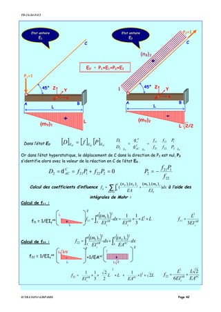 TD-2A-S4-F412
IUTB-LYON1-GMP-DDS Page 42
Dans l’état E0’
[ ] [ ] [ ] '0'0'0 EEE PfD =
'0'0'0
2
1
2221
1211
2
1
EE
C
AC
A
v
E
P
P
ff
ff
D
D












=





=





δ
δ
Or dans l’état hyperstatique, le déplacement de C dans la direction de P2 est nul, P2
s’identifie alors avec la valeur de la réaction en C de l’état E0 .
22
121
22221212 0
f
Pf
PPfPfD C
AC −=⇒=+== δ
Calcul des coefficients d’influence ∑ ∫ +=
barres Y
jYiYL jXiX
ij dx
EI
mm
EA
nn
f )
)()()()(
(
0
à l’aide des
intégrales de Mohr :
Calcul de f11 :
( ) LL
EI
dx
EI
m
f AB
B
A AB
Y
YY
×××== ∫
2
2
1
11
3
11)(
AB
Y
EI
L
f
3
3
11 =
Calcul de f22 :
( ) ( )
∫∫ +=
C
A AC
X
B
A AB
Y
dx
EA
n
dx
EI
m
f
Y
2
2
2
2
22
)()(






××+








×







××= L
EA
LL
EI
f ACAB
Y
21
1
2
2
3
11 2
2
22 ACAB
EA
L
EI
L
f
Y
2
6
3
22 +=
Etat unitaire
E2
45°
C
L
G x
Z Y
BA
P2=1Etat unitaire
E1
45°
C
L
P1=1
G x
Z Y
BA
E0’ • P1×E1+P2×E2
(mY)2
(mY)1
(nX)2
+
+
-
L 2/2
L
1
f11 = 1/EIy
AB
L
L
+
2
f22 = 1/EIy
AB
L
-
2
+1/EAAC
1
+
2
L 2/2
L 2
 