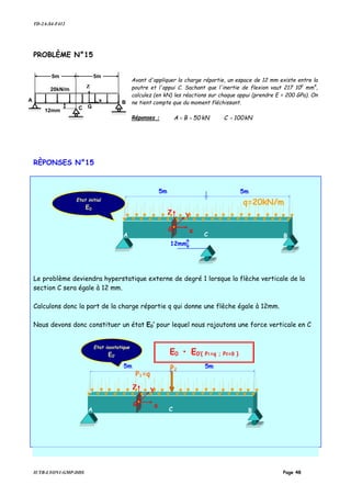 TD-2A-S4-F412
IUTB-LYON1-GMP-DDS Page 48
PROBLÈME N°15
Avant d'appliquer la charge répartie, un espace de 12 mm existe entre la
poutre et l'appui C. Sachant que l'inertie de flexion vaut 217 106
mm4
,
calculez (en kN) les réactions sur chaque appui (prendre E = 200 GPa). On
ne tient compte que du moment fléchissant.
Réponses : kN100CkN50BA ===
RÈPONSES N°15
Le problème deviendra hyperstatique externe de degré 1 lorsque la flèche verticale de la
section C sera égale à 12 mm.
Calculons donc la part de la charge répartie q qui donne une flèche égale à 12mm.
Nous devons donc constituer un état E0’ pour lequel nous rajoutons une force verticale en C
A B
5m
20kN/m
C
5m
12mm
x
G
Z
C
5m5m
G x
Z Y
A B
Etat isostatique
E0’
P1=q
P2
E0 • E0’{ P1=q ; P2=0 }
q=20kN/m
C
5m5m
G x
Z Y
A B
12mm
Etat initial
E0
 