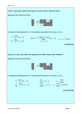 TD-2A-S4-F412
IUTB-LYON1-GMP-DDS Page 66
a) Jeu "j" pour que la poutre arrive juste en contact avec la liaison de droite.
Appliquons les conditions limites :
La résolution des équations 2 et 3 du système nous permet de trouver u2 et u3.
( )
( )




+−=
−=
32
32
L
A2
0
3
L
A2
uu
E
uu
E
P
( )




=+−
−
××
=
0
3
1000
10.500.1022
10.100
32
32
23
3
uu
uu 25.032 mmuu ==
J=0,25 mm
b) Le jeu "j" pour qu'un effort de compression de 10kN s'exerce dans l'élément 2.
Appliquons les conditions limites :
La résolution des équations 2 et 3 du système nous permet de trouver u2 et u3.
( )
( )




+−=−
−=
32
32
L
A2
10
3
L
A2
uu
EP
uu
E
P





+−=−
−=
32
32
20
3
2
uu
EA
PL
uu
EA
PL





==
=
mm
EA
PL
u
EA
PL
u
175,0
40
7
40
9
3
2
J=0,175 mm




















−
−−
−
=










+
3
2
1 0
110
132
022
L
A2
0 u
u
E
P
FX




















−
−−
−
=












−
+
3
2
1 0
110
132
022
L
A2
10
u
u
E
P
P
FX
 