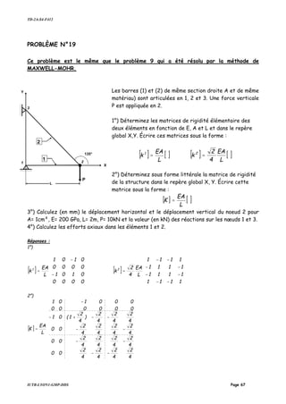 TD-2A-S4-F412
IUTB-LYON1-GMP-DDS Page 67
PROBLÈME N°19
Ce problème est le même que le problème 9 qui a été résolu par la méthode de
MAXWELL-MOHR.
Les barres (1) et (2) de même section droite A et de même
matériau) sont articulées en 1, 2 et 3. Une force verticale
P est appliquée en 2.
1°) Déterminez les matrices de rigidité élémentaire des
deux éléments en fonction de E, A et L et dans le repère
global X,Y. Écrire ces matrices sous la forme :
[ ] [ ]
L
EA
k 1
= [ ] [ ]
L
EA
4
2
k 2
=
2°) Déterminez sous forme littérale la matrice de rigidité
de la structure dans le repère global X, Y. Écrire cette
matrice sous la forme :
[ ] [ ]
L
EA
K =
3°) Calculez (en mm) le déplacement horizontal et le déplacement vertical du noeud 2 pour
A= 1cm², E= 200 GPa, L= 2m, P= 10kN et la valeur (en kN) des réactions sur les nœuds 1 et 3.
4°) Calculez les efforts axiaux dans les éléments 1 et 2.
Réponses :
1°)
[ ]












−
−
=
0000
0101
0000
0101
L
EA
k 1
[ ]












−−
−−
−−
−−
=
1111
1111
1111
1111
L
EA
4
2
k2
2°)
[ ]




























−−
−−
−−
−−+−
−
=
4
2
4
2
4
2
4
2
00
4
2
4
2
4
2
4
2
00
4
2
4
2
4
2
4
2
00
4
2
4
2
4
2
)
4
2
1(01
000000
000101
L
EA
K
1
2
X
Y
1
3
2
P
135°
L
 