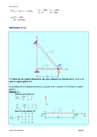 TD-2A-S4-F412
IUTB-LYON1-GMP-DDS Page 68
3°) mm83,3umm1u 2Y2X −=−=
0F
kN10F
1Y
1X
=
−=
kN10F
kN10F
3Y
3X
=
−=
3°)
kN142.14N
kN10N
BC
x
AB
x
=
−=
RÈPONSES N°19
1°) Matrices de rigidité élémentaire des deux éléments en fonction de E, A et L et
dans le repère global X,Y.
Le problème est à 2 degrés de liberté, uX suivant X et vY suivant Y ( X,Y étant le repère
global )
Elément 1 :
Dans les axes locaux xy
[ ] 





−
−
11
11
L
EA
=/xy
1
k












−
−
=





2
1
/xy
1
2
1
1
11
11
L
EA
x
x
x
x
u
u
F
F
Dans les axes globaux XY
[ ]












−
−
0000
0101
0000
0101
L
EA
=/XY
1
k
3
2
P
135°
L
1 X
Y
1
2
2
L
1
1
F
1
x1 F
1
x2
x
y
X
Y
 