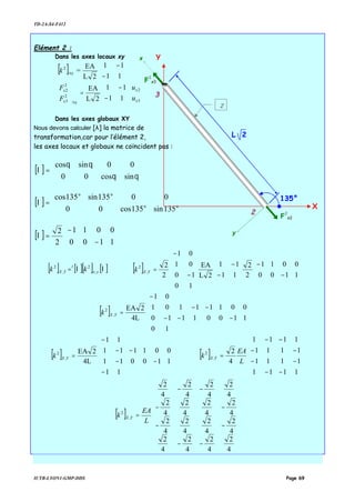 TD-2A-S4-F412
IUTB-LYON1-GMP-DDS Page 69
Elément 2 :
Dans les axes locaux xy
[ ] 





−
−
11
11
2L
EA
=/xy
2
k












−
−
=





3
2
/xy
2
3
2
2
11
11
2L
EA
x
x
x
x
u
u
F
F
Dans les axes globaux XY
Nous devons calculer [λ] la matrice de
transformation,car pour l’élément 2,
les axes locaux et globaux ne coïncident pas :
[ ] 





=
θθ
θθ
λ
sincos00
00sincos
[ ] 





°°
°°
=
135sin135cos00
00135sin135cos
λ
[ ] 





−
−
=
1100
0011
2
2
λ
[ ] [ ][ ] [ ],
2
,
2
λλ yx
t
YX kk = [ ] 1100
0011
2
2
11
11
2L
EA
10
10
01
01
2
2
,
2






−
−






−
−












−
−
=YXk
[ ] 1100
0011
11
11
10
10
01
01
4L
2EA
,
2






−
−






−
−












−
−
=YXk
[ ] 1100
0011
11
11
11
11
4L
2EA
,
2






−
−












−
−
−
−
=YXk [ ]












−−
−−
−−
−−
=
1111
1111
1111
1111
4
2
,
2
L
EA
k YX
[ ]






















−−
−−
−−
−−
=
4
2
4
2
4
2
4
2
4
2
4
2
4
2
4
2
4
2
4
2
4
2
4
2
4
2
4
2
4
2
4
2
,
2
L
EA
k YX
F
2
x3
F
2
x2
x
y
X
Y
2
3
L 2
2
135°
 