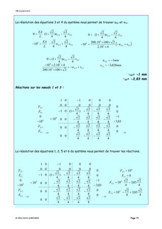 TD-2A-S4-F412
IUTB-LYON1-GMP-DDS Page 71
La résolution des équations 3 et 4 du système nous permet de trouver uX2 et vY2.















+−=−








−+=
22
4
22
4
2
4
2
10
4
2
)
4
2
1(0
YX
YX
vu
L
EA
vu
L
EA
( )






+−
×
××
=−








−+=
223
3
4
22
410.2
210010.200
10
4
2
)
4
2
1(0
YX
YX
vu
vu






+−=
××
××−
−+=
223
34
22
210010.200
410.210
4
2
)
4
2
1(0
YX
YX
vu
vu



−=
−=
mmv
mmu
Y
X
828,3
1
2
2
•H2= -1 mm
•V2= -3,83 mm
Réactions sur les nœuds 1 et 3 :
XYXYY
X
Y
X
F
F
F
F
/
4
/3
3
4
1
1
0
0
83,3
1
0
0
4
2
4
2
4
2
4
2
00
4
2
4
2
4
2
4
2
00
4
2
4
2
4
2
4
2
00
4
2
4
2
4
2
)
4
2
1(01
000000
000101
10
10
0




















−
−




























−−
−−
−−
−−+−
−
=




















−
La résolution des équations 1, 2, 5 et 6 du système nous permet de trouver les réactions.


















+−=








−=
=
=




















−
−




























−−
−−
−−
−−+−
−
=




















−
4
2
83,3
4
2
10
4
2
83,3
4
2
10
0
10
0
0
83,3
1
0
0
4
2
4
2
4
2
4
2
00
4
2
4
2
4
2
4
2
00
4
2
4
2
4
2
4
2
00
4
2
4
2
4
2
)
4
2
1(01
000000
000101
10
10
0
4
3
4
3
1
4
1
/
4
/3
3
4
1
1
Y
X
Y
X
XYXYY
X
Y
X
F
F
F
F
F
F
F
F
 