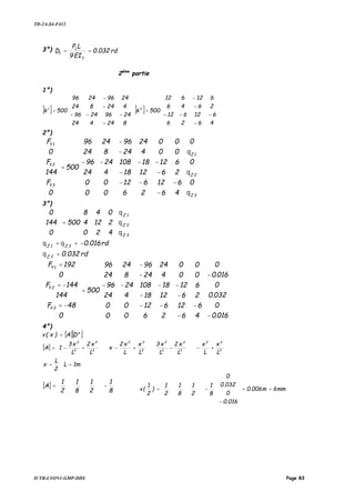 TD-2A-S4-F412
IUTB-LYON1-GMP-DDS Page 83
3°) rd032.0
EI9
LP
D
I
1
1 ==
2ème
partie
1°)
[ ]












−
−−−
−
−
=
824424
24962496
424824
24962496
500k 1
[ ]












−
−−−
−
−
=
4626
612612
2646
612612
500k 2
2°)








































−
−−−
−−
−−−−
−
−
=




















3Z
2Z
1Z
3Y
2Y
1Y
0
0
0
462600
61261200
261218424
612181082496
00424824
0024962496
500
0
F
144
F
0
F
θ
θ
θ
3°)




















=










3Z
2Z
1Z
420
2124
048
500
0
144
0
θ
θ
θ
rd032.0
rd016.0
2Z
3Z1Z
=
−==
θ
θθ




















−
−




















−
−−−
−−
−−−−
−
−
=




















−=
−=
=
016.0
0
032.0
0
016.0
0
462600
61261200
261218424
612181082496
00424824
0024962496
500
0
48F
144
144F
0
192F
3Y
2Y
1Y
4°)
[ ][ ]e
DA)x(v =
[ ] 





+−−+−+−= 2
32
3
3
2
2
2
32
3
3
2
2
L
x
L
x
L
x2
L
x3
L
x
L
x2
x
L
x2
L
x3
1A
1mL
2
L
x ==
[ ] 



−=
8
1
2
1
8
1
2
1
A
mm6m006.0
016.0
0
032.0
0
8
1
2
1
8
1
2
1
)
2
1
(v ==












−




−=
 