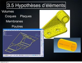 3.5 Hypothèses d’éléments
Volumes
Coques
Poutres
Membranes
Plaques
samedi 25 mai 13
 