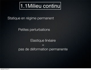 1.1Milieu continu
Statique en régime permanent
Petites perturbations
Elastique linéaire
=
pas de déformation permanente
samedi 25 mai 13
 