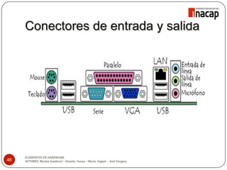 Conectores de entrada y salida
46
ELEMENTOS DE HARDWARE
AUTORES: Marlyn Sandoval – Daniela Souza - María Seguel - Axel Vergara
 