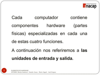 ELEMENTOS DE HARDWARE
AUTORES: Marlyn Sandoval – Daniela Souza - María Seguel - Axel Vergara
5
Cada computador contiene
componentes hardware (partes
físicas) especializadas en cada una
de estas cuatro funciones.
A continuación nos referiremos a las
unidades de entrada y salida.
 