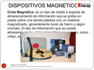 DISPOSITIVOS MAGNETICOS
62
Cinta Magnética: es un tipo de medio o soporte de
almacenamiento de información que se graba en
pistas sobre una banda plástica con un material
magnetizado, generalmente óxido de hierro o algún
cromato. El tipo de información que se puede
almacenar en las cintas magnéticas es variado, como
vídeo, audio y datos.
ELEMENTOS DE HARDWARE
AUTORES: Marlyn Sandoval – Daniela Souza - María Seguel - Axel Vergara
 