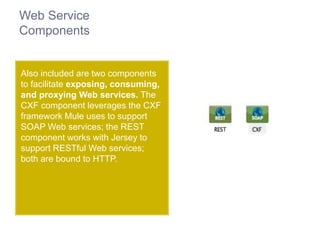 Web Service
Components
Also included are two components
to facilitate exposing, consuming,
and proxying Web services. The
CXF component leverages the CXF
framework Mule uses to support
SOAP Web services; the REST
component works with Jersey to
support RESTful Web services;
both are bound to HTTP.