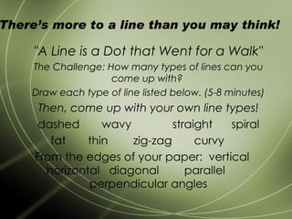 There’s more to a line than you may think!  &quot;A Line is a Dot that Went for a Walk&quot; The Challenge: How many types of lines can you come up with?  Draw each type of line listed below. (5-8 minutes) Then, come up with your own line types! dashed  wavy  straight  spiral fat  thin  zig-zag  curvy  From the edges of your paper:  vertical  horizontal  diagonal  parallel  perpendicular angles 