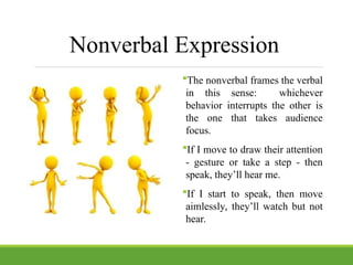 Nonverbal Expression
The nonverbal frames the verbal
in this sense: whichever
behavior interrupts the other is
the one that takes audience
focus.
If I move to draw their attention
- gesture or take a step - then
speak, they’ll hear me.
If I start to speak, then move
aimlessly, they’ll watch but not
hear.
 