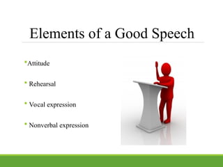 Elements of a Good Speech
Attitude
 Rehearsal
 Vocal expression
 Nonverbal expression
 