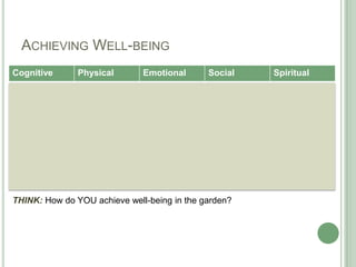 Achieving Well-being<br />THINK: How do YOU achieve well-being in the garden?<br />
