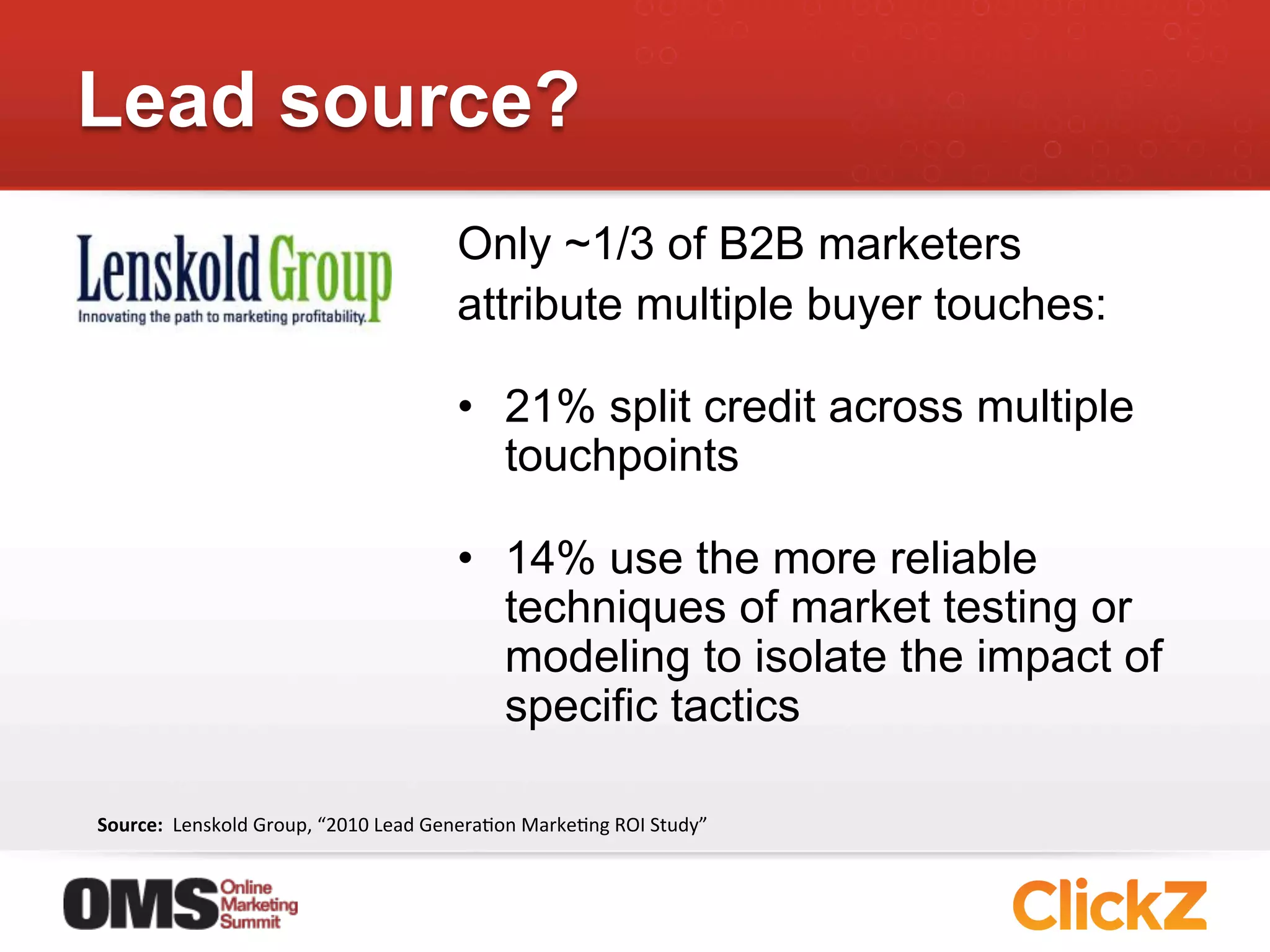 Lead source?
                                                        Only ~1/3 of B2B marketers
                                                        attribute multiple buyer touches:

                                                        •  21% split credit across multiple
                                                           touchpoints

                                                        •  14% use the more reliable
                                                           techniques of market testing or
                                                           modeling to isolate the impact of
                                                           specific tactics

Source:	
  	
  Lenskold	
  Group,	
  “2010	
  Lead	
  GeneraJon	
  MarkeJng	
  ROI	
  Study”	
  
 